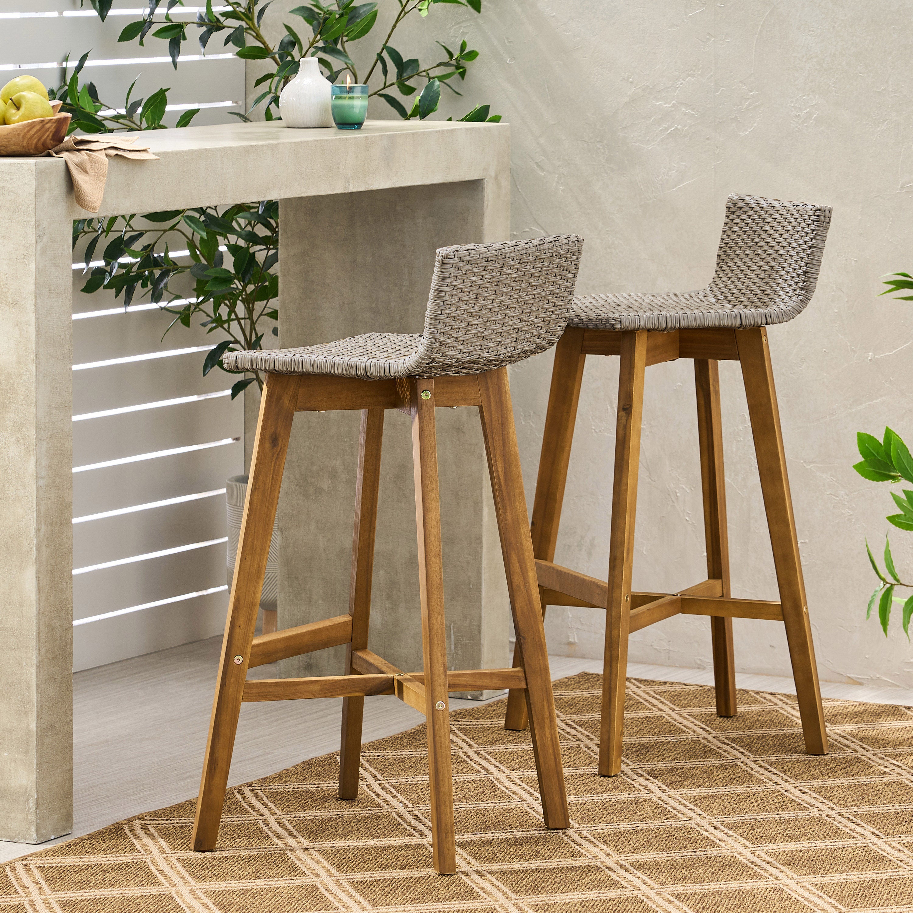 Bellagio Outdoor Acacia Wood & Wicker Barstools (Set of 2)