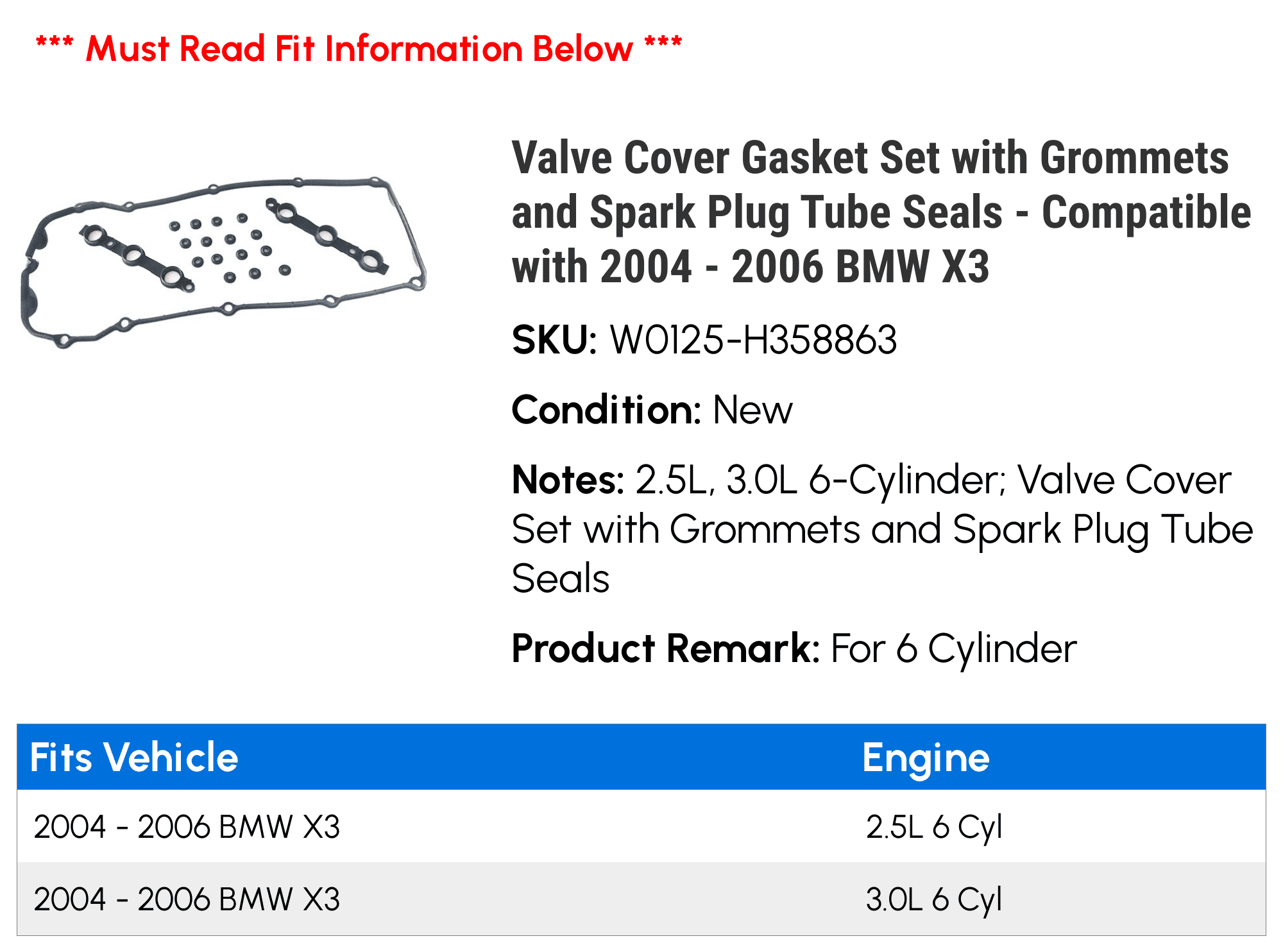 Valve Cover Gasket Set with Grommets and Spark Plug Tube Seals - Compatible with 2004 - 2006 BMW X3 2005