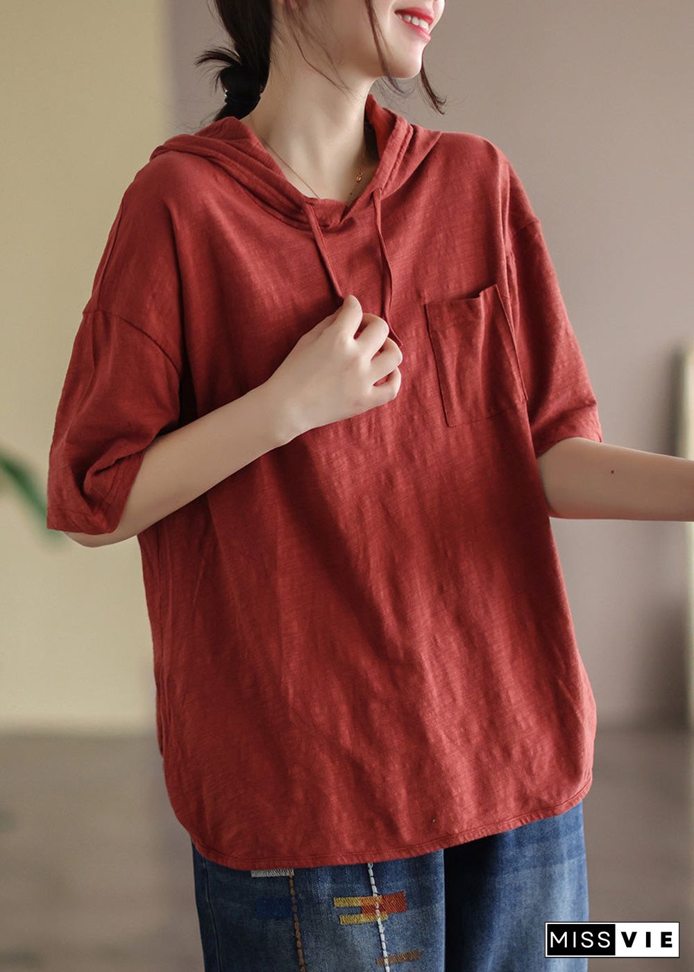 Red Drawstring Solid Cotton Hooded T Shirt Summer