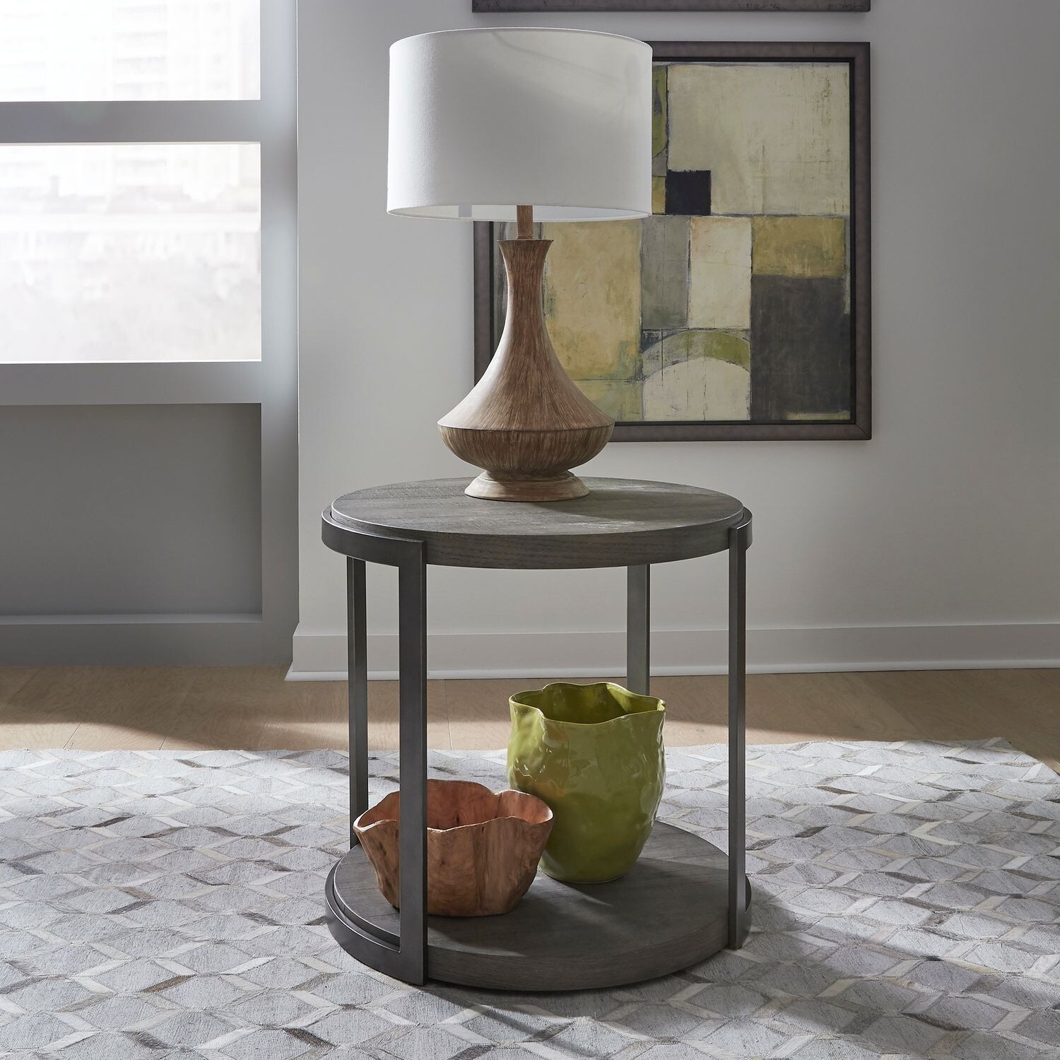 Modern View Gauntlet Gray Oak and Metal Round End Table