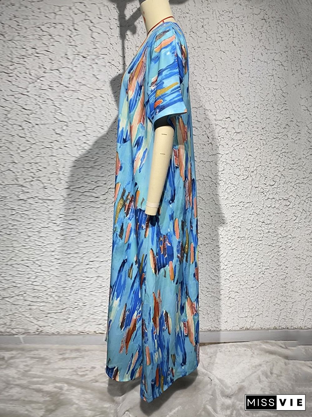 Loose Short Sleeves Multi-Colored Printed V-Neck Maxi Dresses