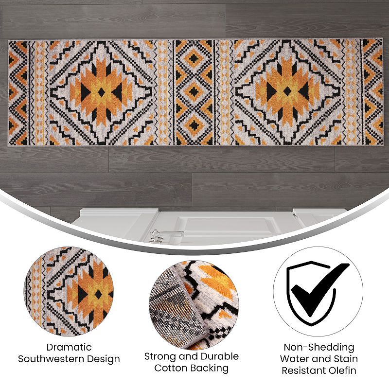 Masada Rugs Winslow Collection 2'x7' Southwestern Print Accent Runner Rug in Orange， White and Black with Cotton Backing