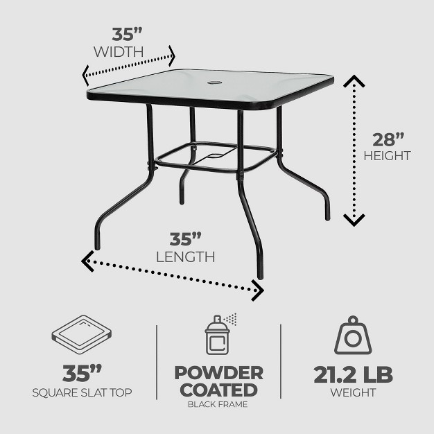 Four Seasons Courtyard Sunny Isles 35 Inch Outdoor Patio Bistro Dining Table Backyard Squared Furniture With Tempered Glass Tabletop Black