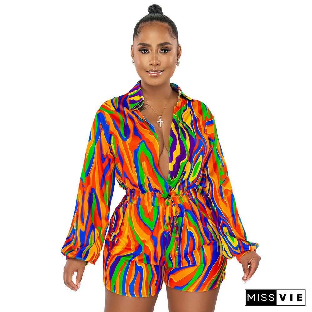 Turn Down Collar Causal Long Sleeve Print Rompers