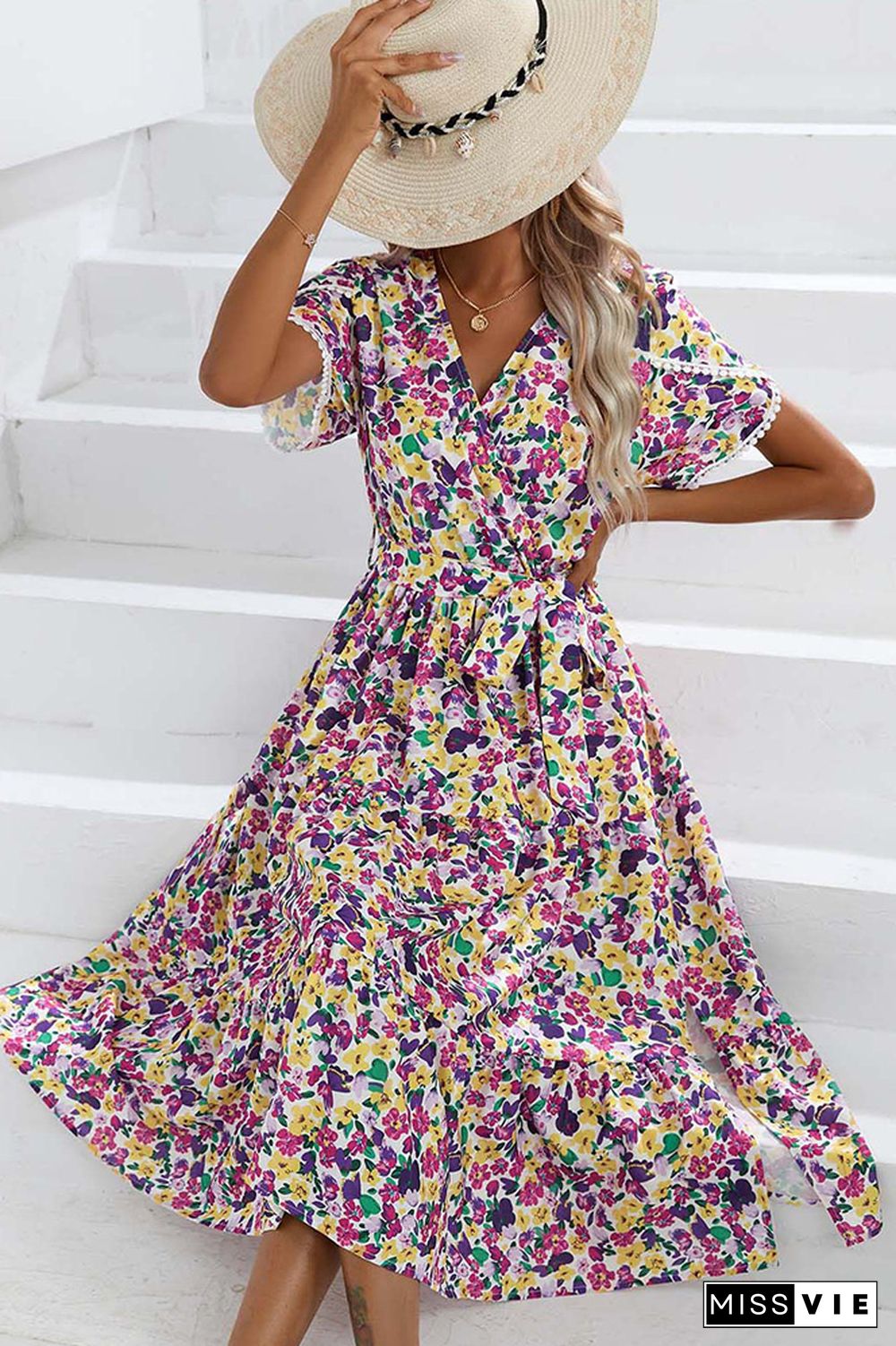 Wrap V Neck Tulip Sleeves Maxi Floral Dress