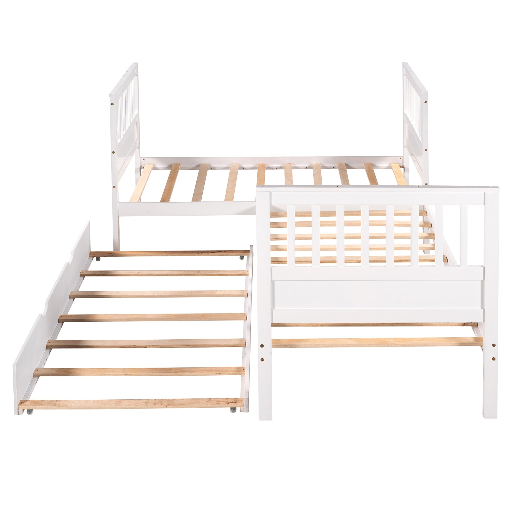 Wood Twin Size L-Shaped Platform Bed with Trundle for Kids Bedroom, White