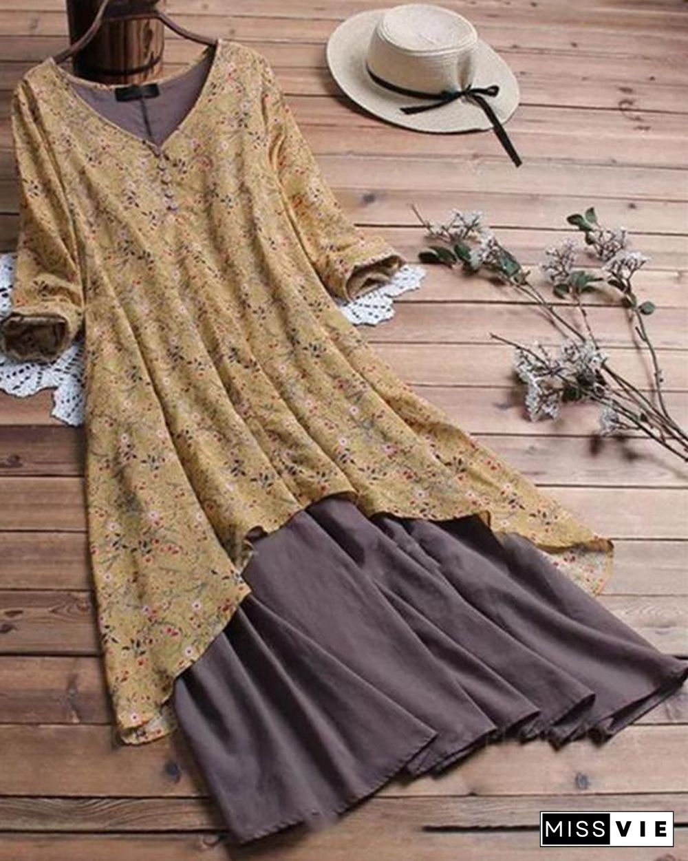 V Neck Women Dresses A-Line Going Out Boho Cotton Dresses