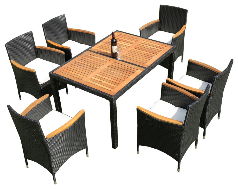 7 Pieces Outdoor Patio Wicker Furniture Dining Table Set With 6 Stools   Tropical   Outdoor Dining Sets   by AquaView Inc  Houzz