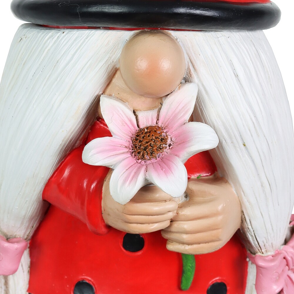 Exhart Solar Ladybug Hat Lady Gnome Statue with Pink Flower  5 by 12.5 Inches