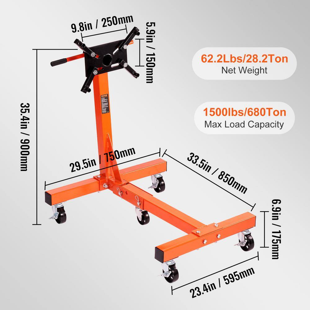 VEVOR Rotating Engine Stand 1500 lbs. with 360 Adjustable Head Cast Iron Folding Motor Hoist Dolly 5-Caster 4 Arms YDXZS1500LBS5QG38V0