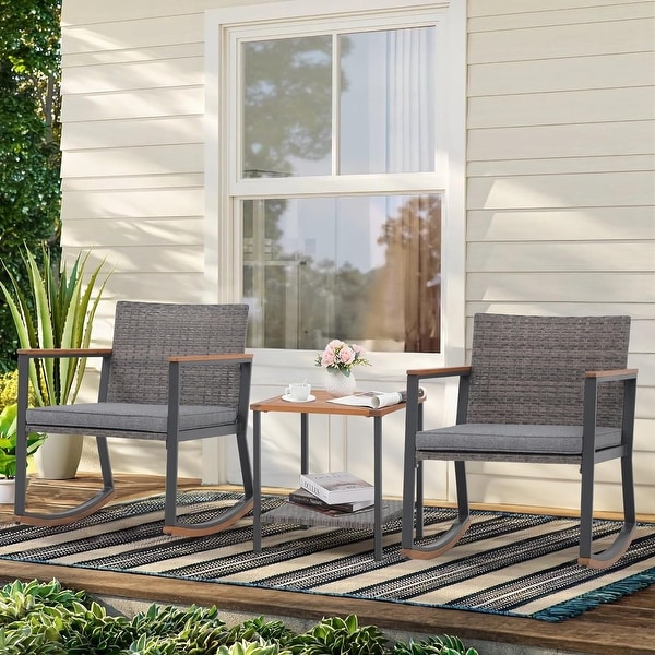 3 Pieces Wicker Rocking Bistro，Weather Rattan Patio Outdoor Furniture Conversation Chair Sets with Coffee Table and Cushions