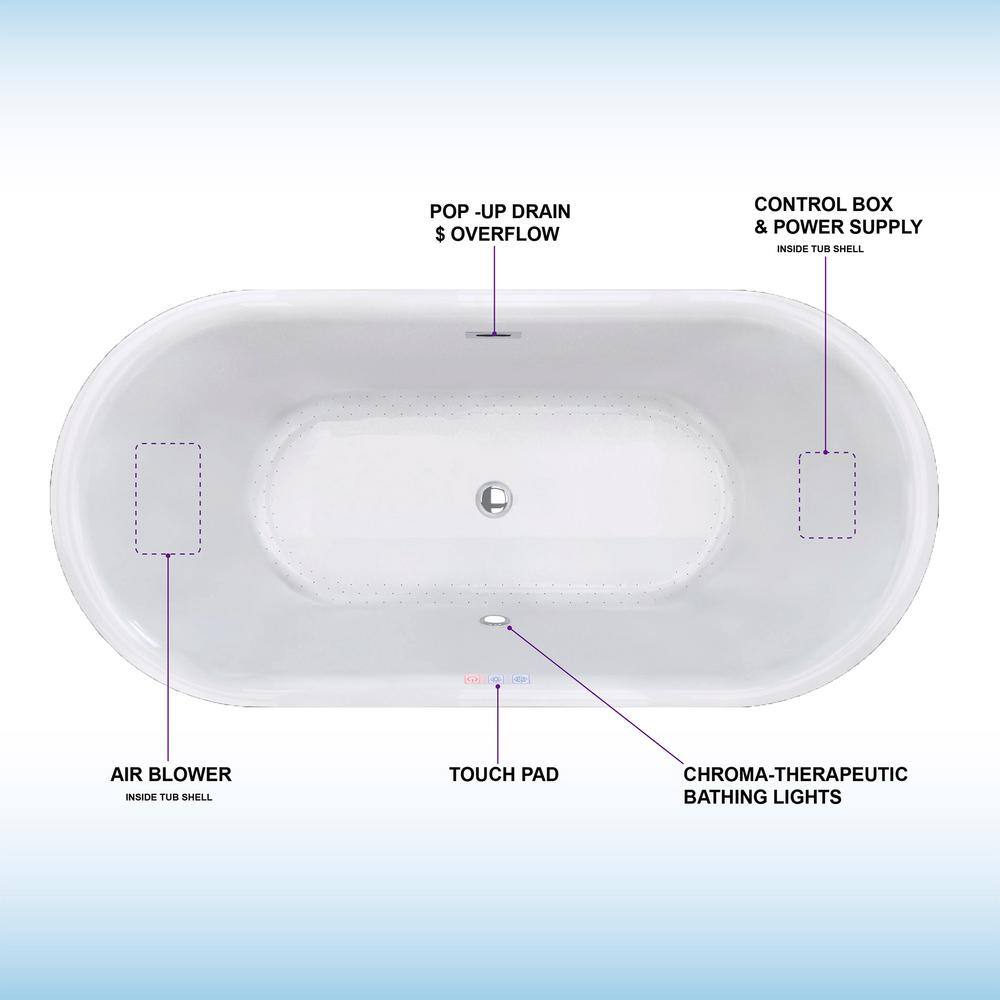 WOODBRIDGE Diana 59 in. Acrylic FlatBottom Double Ended Air Bath Bathtub with Polished Chrome Overflow and Drain Included in White HBT5755