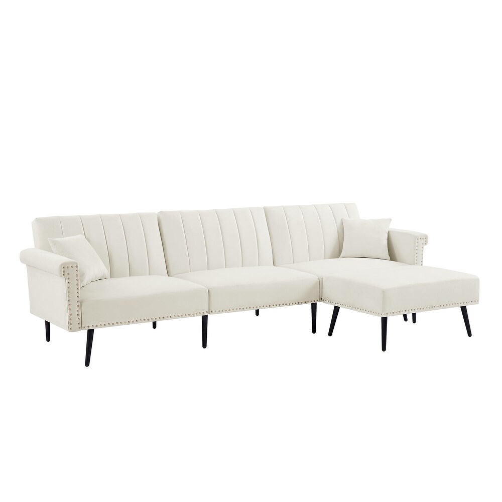 Velvet Upholstered L Shaped Sectional Sofa Convertible Sofa Bed with Nailhead Trim and Ottoman  Adjustable Backrest Positions