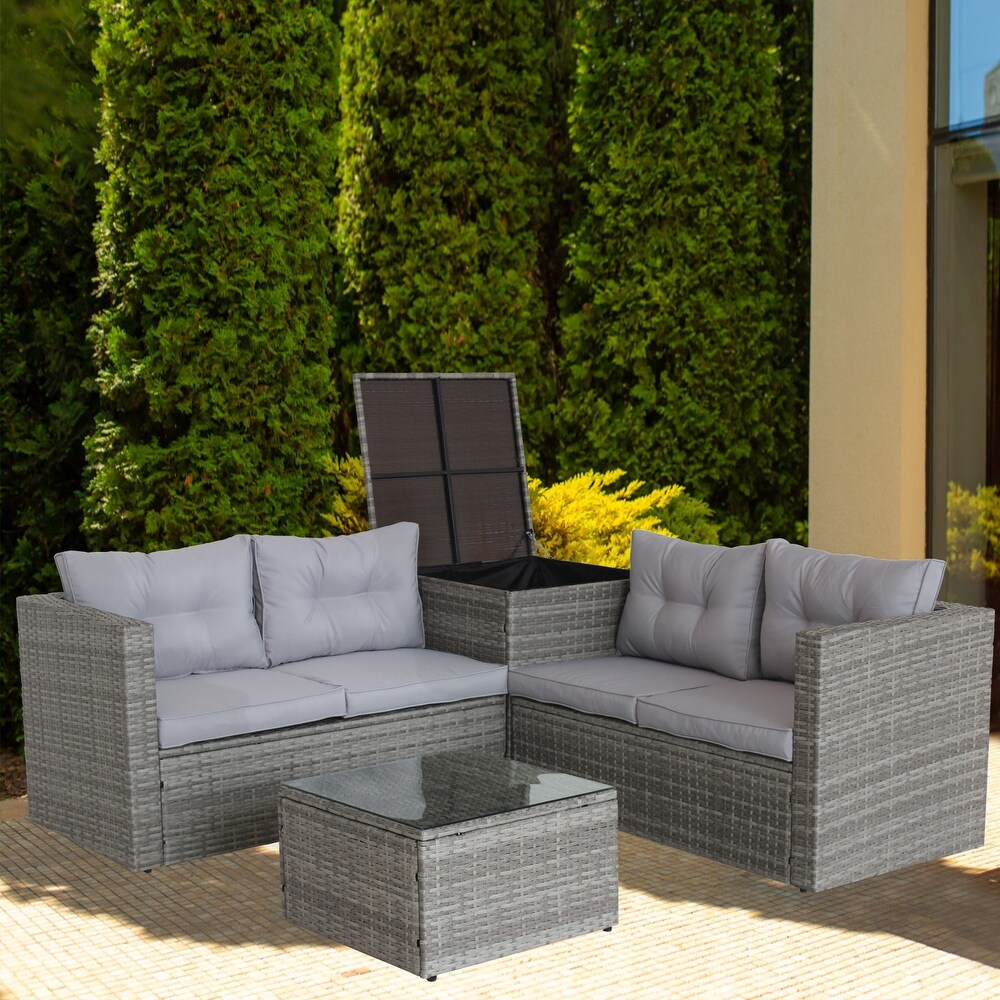 4 Piece Patio Wicker Rattan Outdoor Sectional Sofa Set with Storage Box