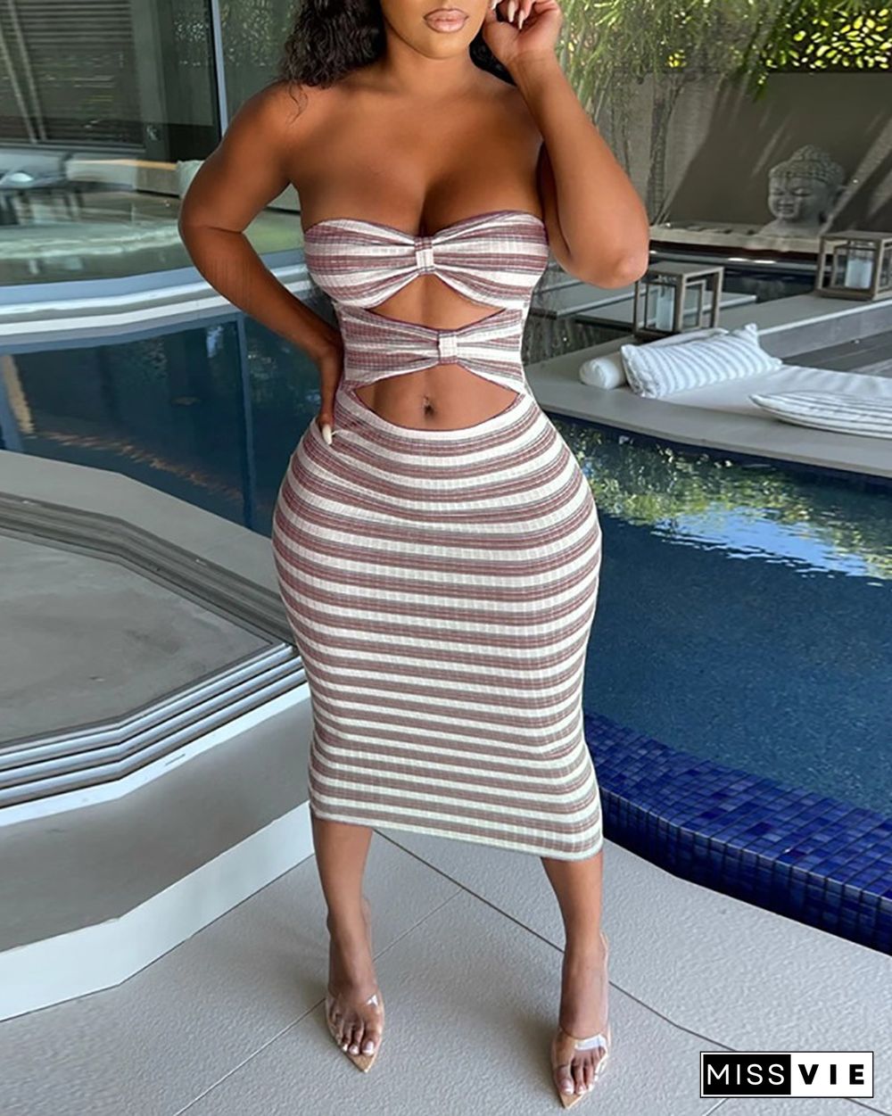 Striped Print Cutout Bandeau Skinny Dress