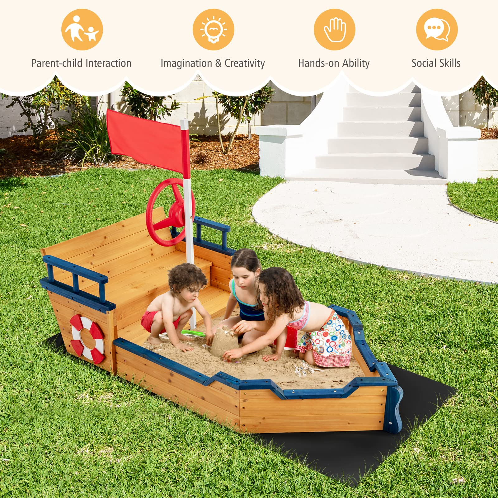 Costzon Pirate Boat Wood Sandbox for Kids, Wooden Pirate Sandpit w/Bench Seat