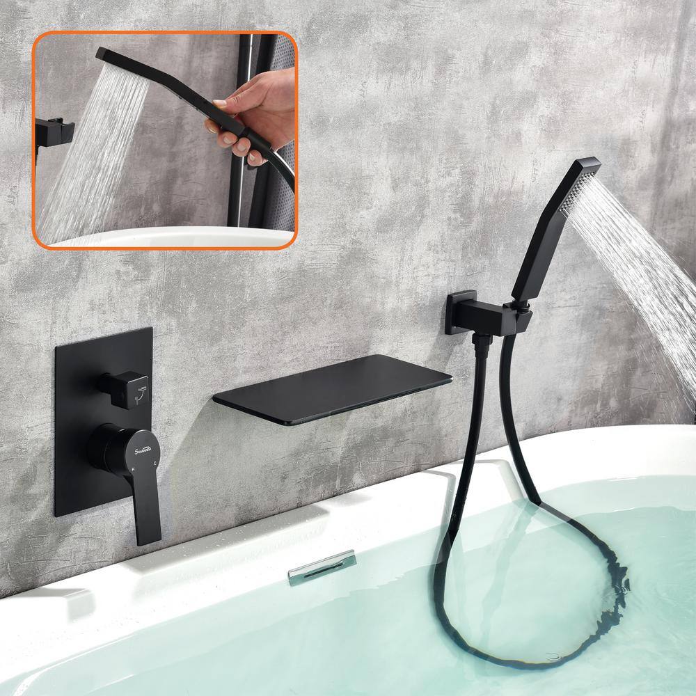 Aurora Decor Pomelo Single-Handle Wall Mount Roman Tub Faucet with Hand Shower in Matte Black (Valve Included) AD-88022B