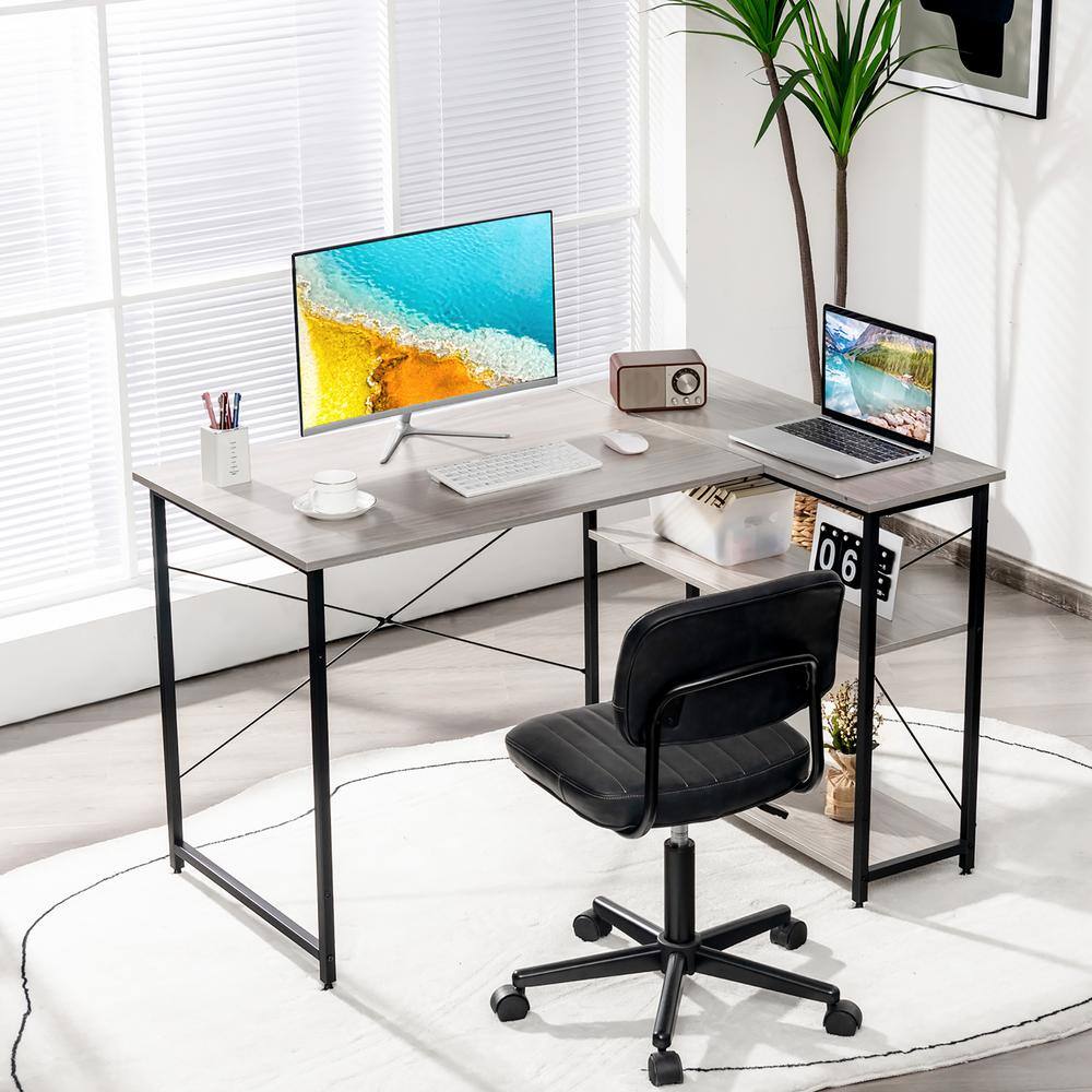 Costway 48 in. Gray Wood Reversible L Shaped Computer Desk Home Office Table Adjustable Shelf CB10121GR