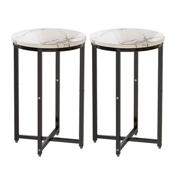 2Pcs End Side Table， Small Sofa Table with Faux Marble Top and Metal Leg