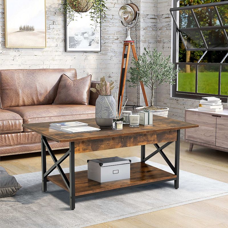 2-Tier Industrial Rectangular Coffee Table with Storage Shelf