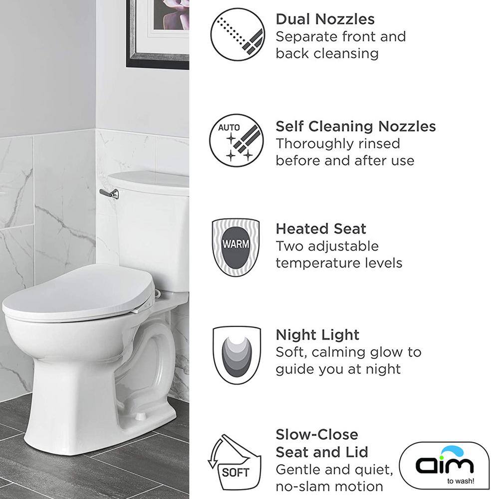 Aim to Wash! Electric Bidet Seat with Hot Water and Heated Seat for Elongated Toilet in White 01-2849