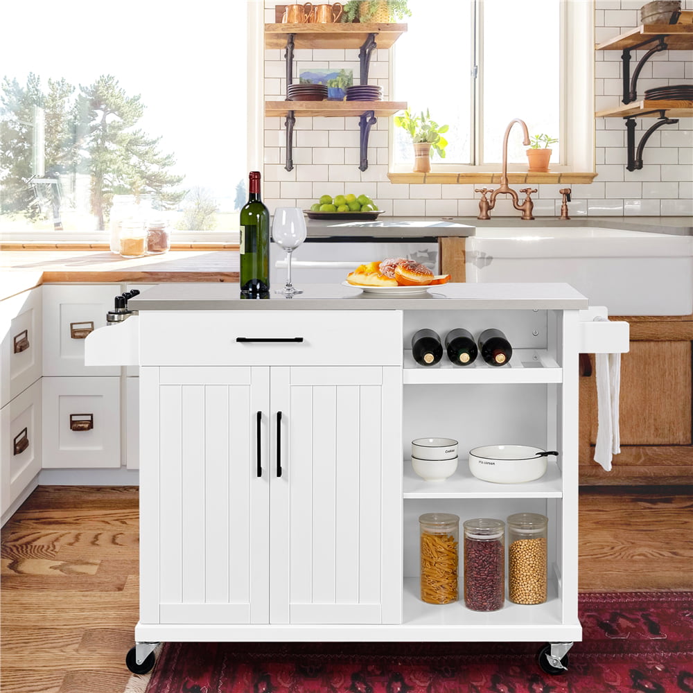 Yaheetech Kitchen Island Cart with Stainless Steel Top and Storage， Kitchen Island on Wheels with Drawer and Open Shelves，White