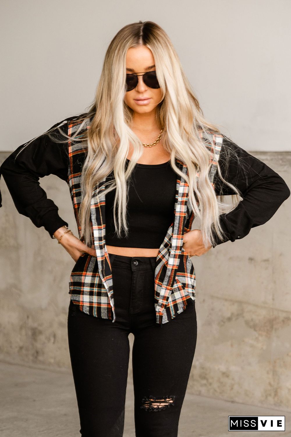 Black Plaid Buttons Long Sleeve Hooded Jacket