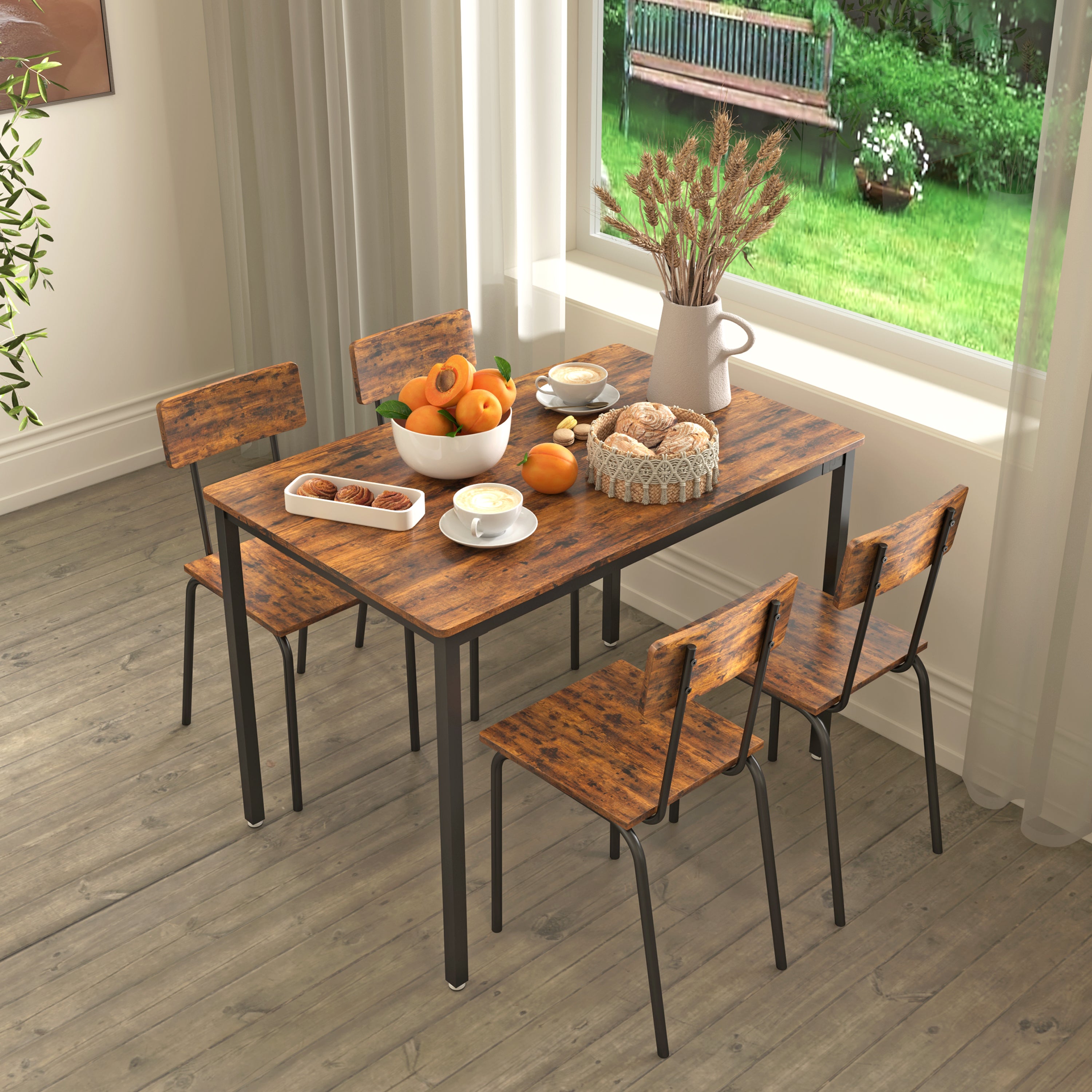 Industrial Style Dining Table and Chairs Set of 5 with Backrests