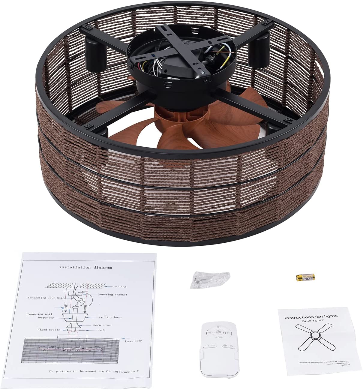 Miumaeov Caged Ceiling Fan with Light， 18.5 in Bladeless Ceiling Fan with Remote Control， 3 Speeds Low Profile Modern Enclosed Ceiling Fans with Silent Motor， Brown