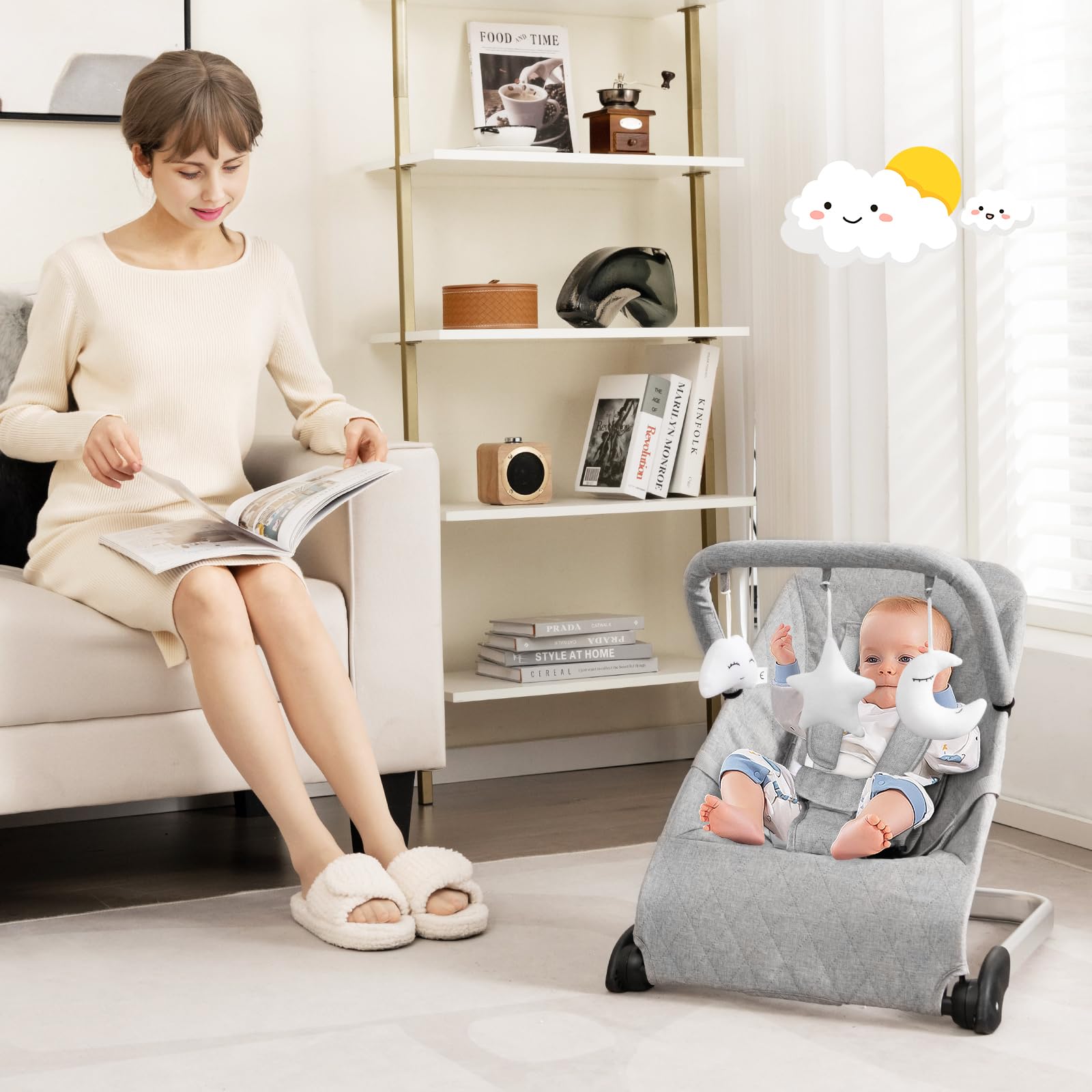 BABY JOY Baby Bouncer, Foldable Baby Rocker & Stationary Seat with 5-Point Safety Harness