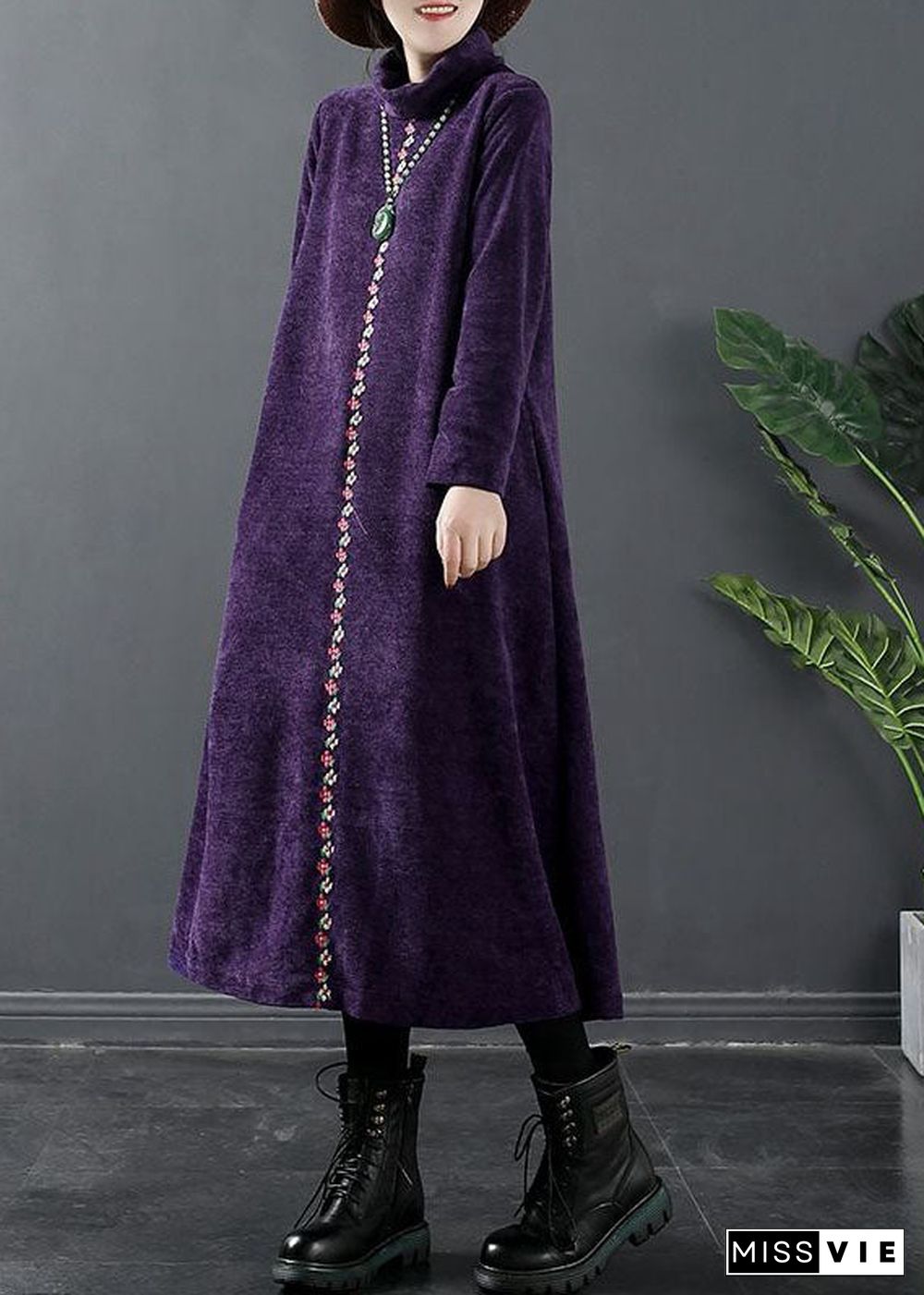 Fitted Purple Turtle Neck Woolen Maxi Dress Winter