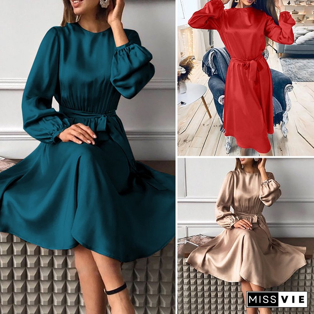 ZANZEA Women Ladies Puff Sleeve Elegant Dress Satin Oversize Holiday Crew Neck Plain Party Dress