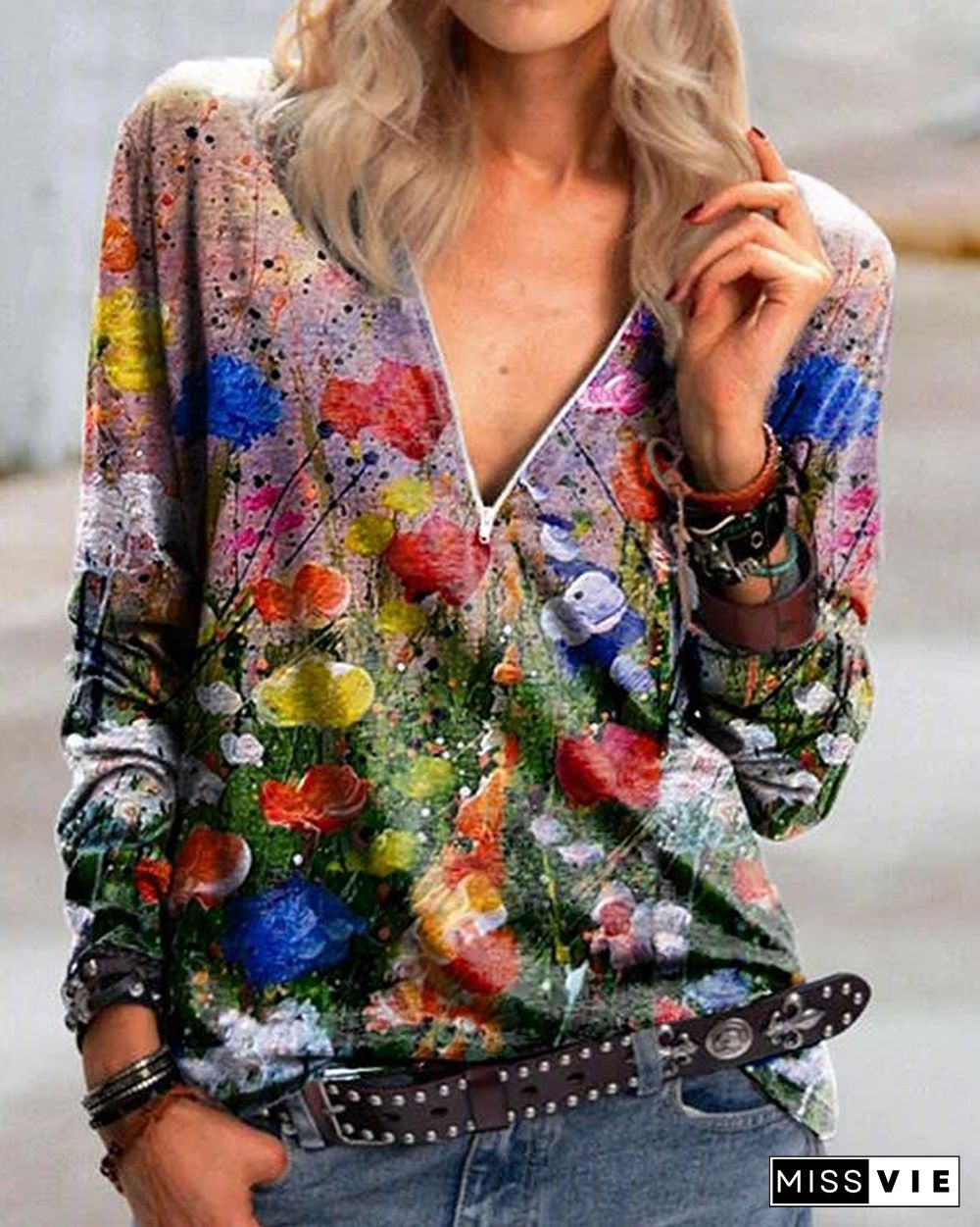 Long Sleeve V Neck Floral Shirts & Tops