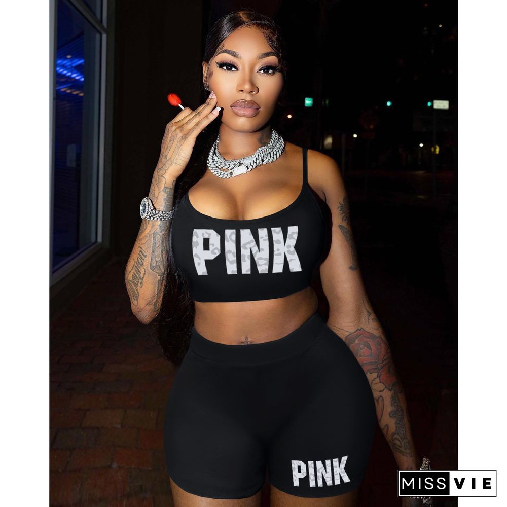 PINK Print Straps Tanks with Shorts 2 Pieces Suits