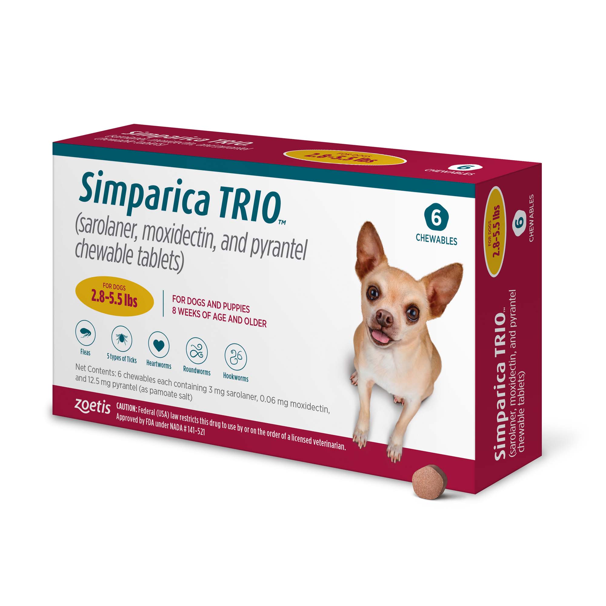 Simparica Trio 2.8-5.5 lbs. Dogs， 6 Month Supply