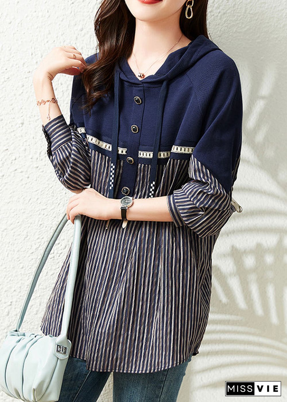 Loose Navy Neck Tie Striped Patchwork Hooded Sweatshirts Long Sleeve