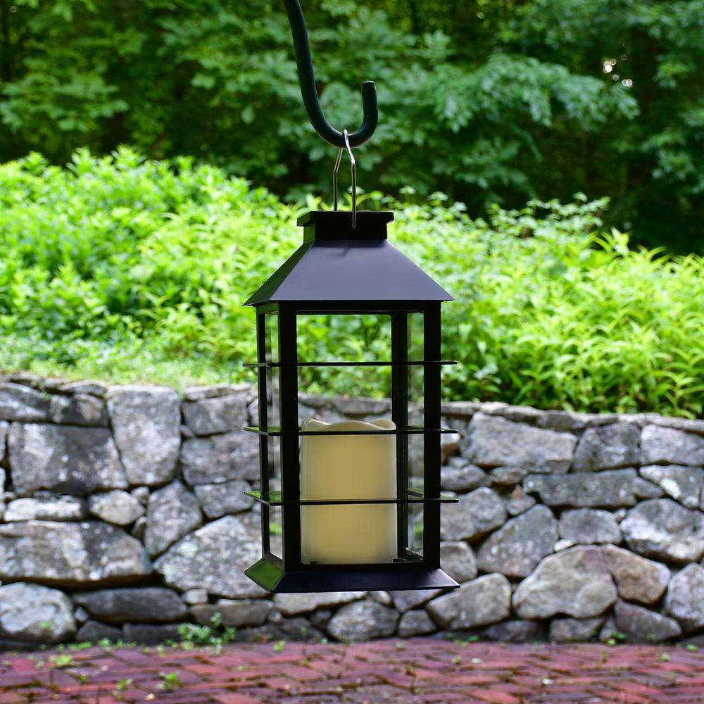 LUMABASE Horizontal Black Solar Powered Lantern with LED Candle 62301