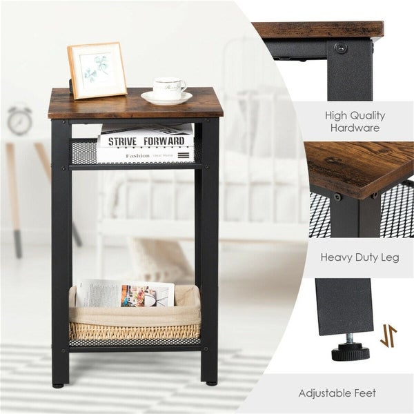 3 Tier Industrial End Table with Metal Mesh Storage Shelves