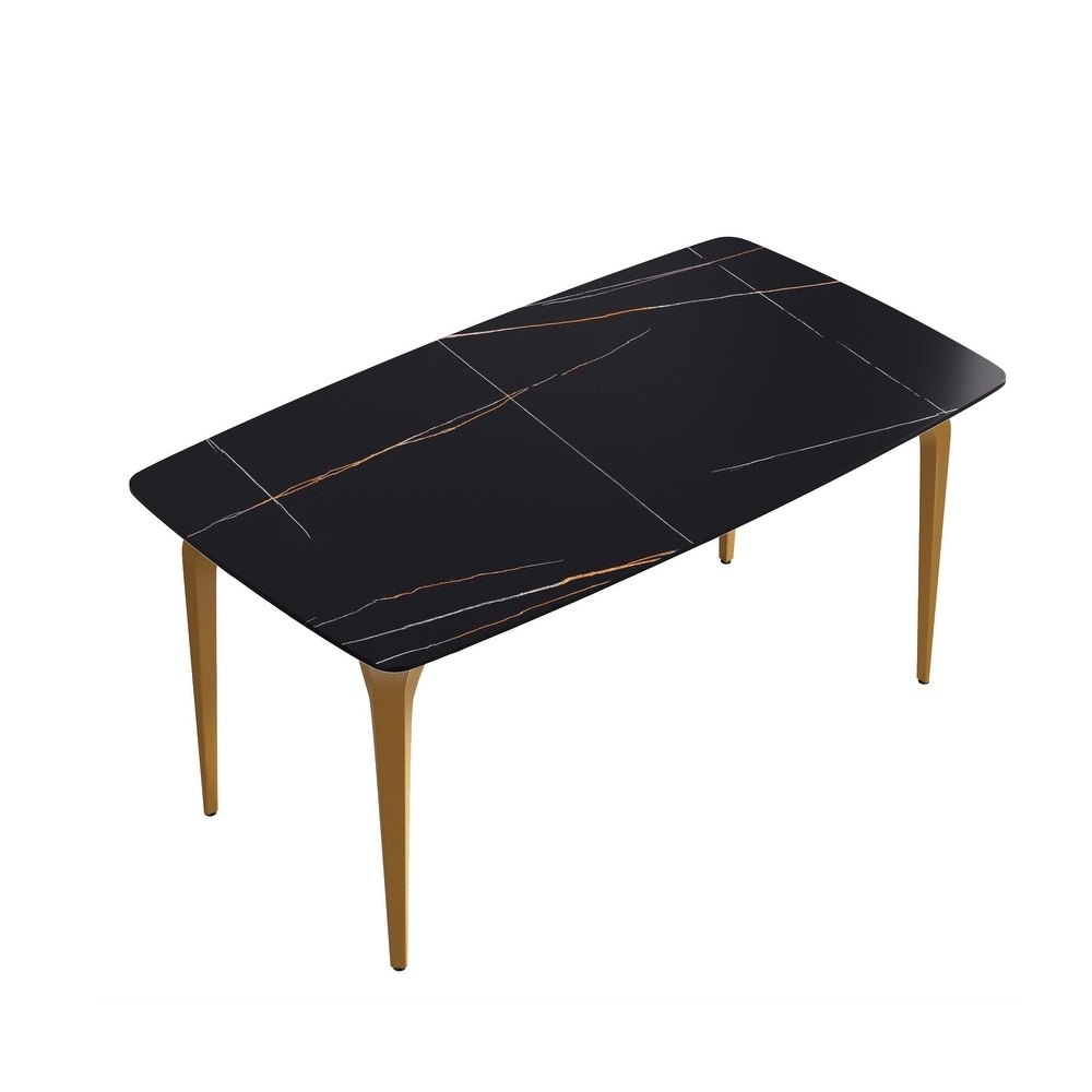 63 Inch Black Artificial Stone and Metal Leg Dining Table for 6 People