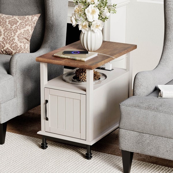 WAMPAT End Table with Charging Station，Nightstand with Drawer