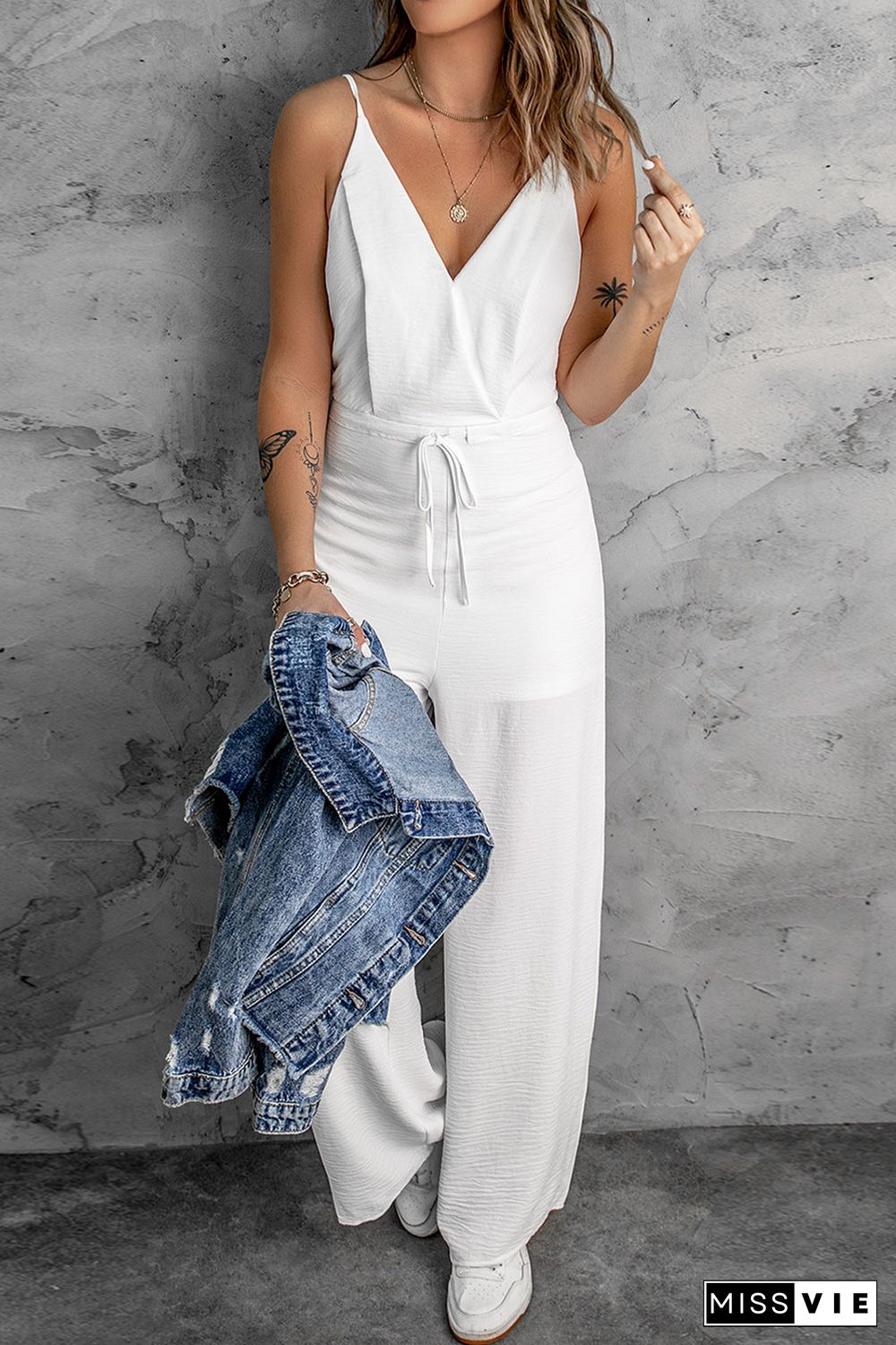 Solid Spaghetti Strap Wide Leg Drawstring High Waist Jumpsuit