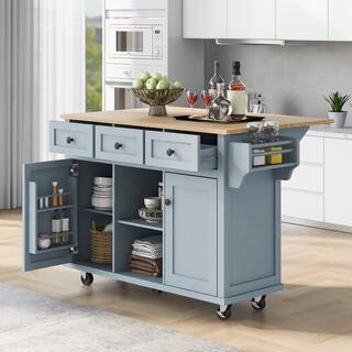 Cesicia Blue Rubberwood Drop-Leaf Countertop 53.1 in. Kitchen Island Cart with Cabinet Door Internal Storage Racks and 3-Drawer KIBE585