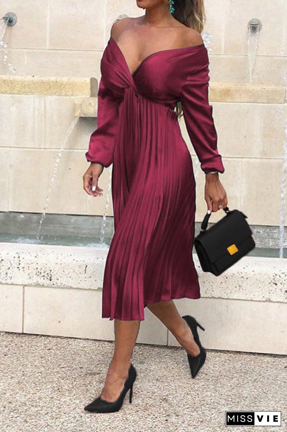 Solid Sexy Ruched V-neck Midi Dress