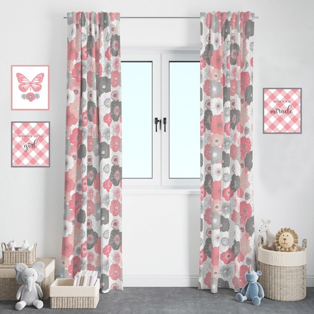 Bacati Watercolor Floral Coral Gray Cotton Printed Single Window Curtain Panel