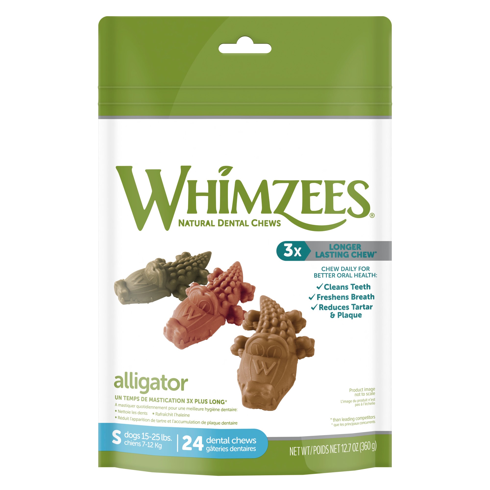 Whimzees Natural Grain Free Daily Dental Long Lasting Alligator Small Dog Treats， 12.7 oz.， Pack of 24