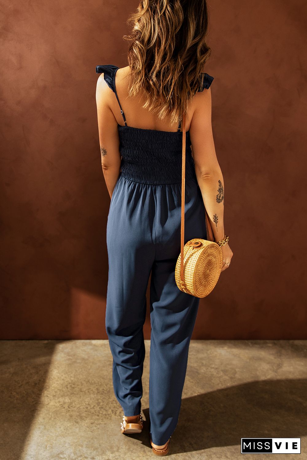 Blue Flutter Sleeve Smocked Wide Leg Jumpsuit