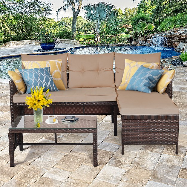 Costway 3pcs Patio Wicker Rattan Sofa Set Outdoor Sectional Conversation Set Garden Lawn Brown