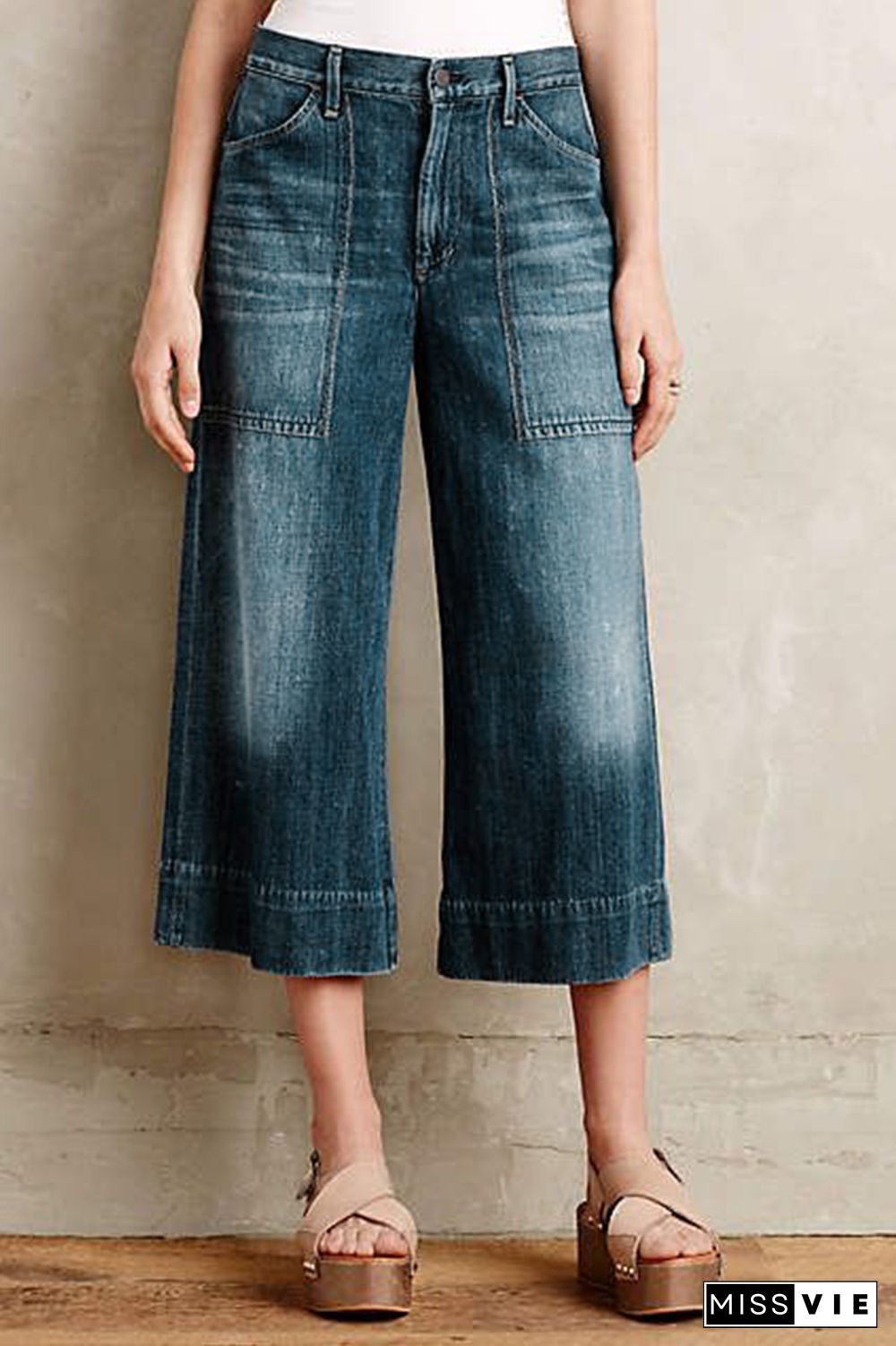 Slant Pocket Wide Leg High Rise Crop Jeans