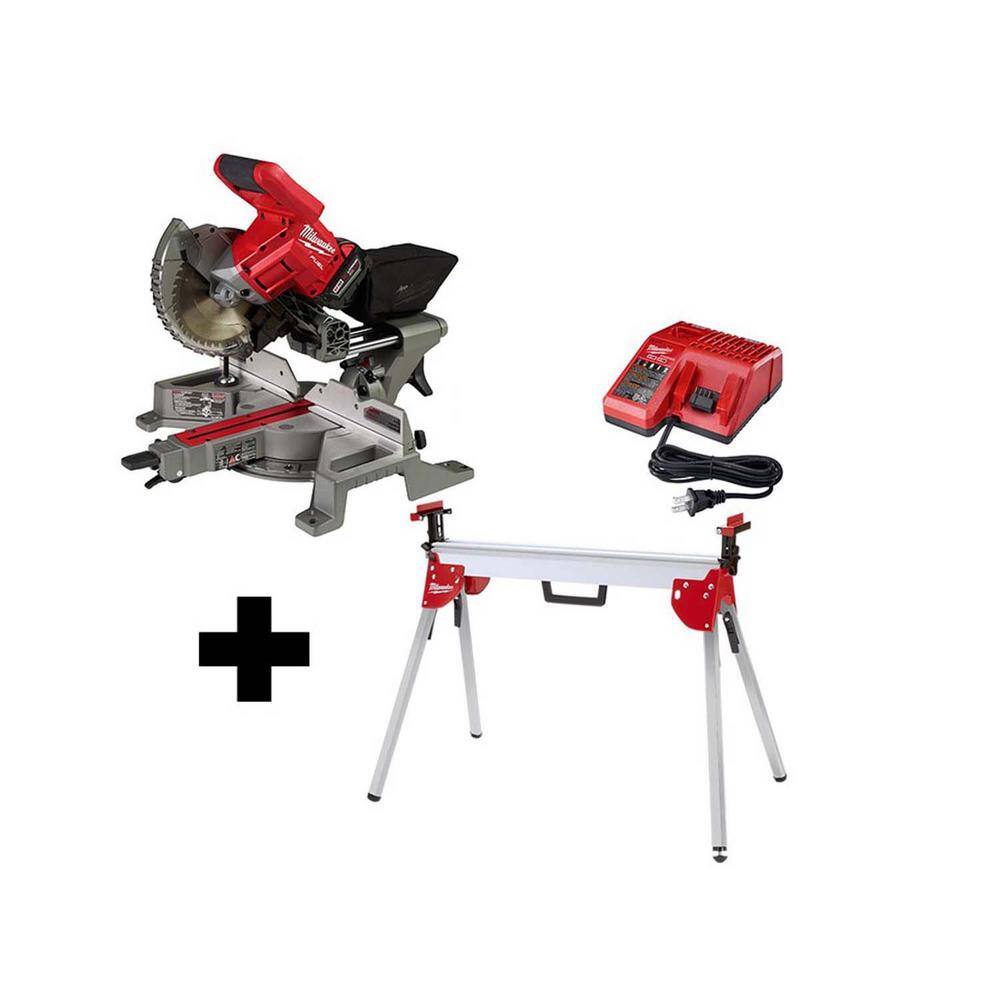 MW M18 FUEL 18V Lithium-Ion Brushless Cordless 7-14 in. Dual Bevel Sliding Compound Miter Saw Kit W Stand Battery 2733-21-48-08-0551