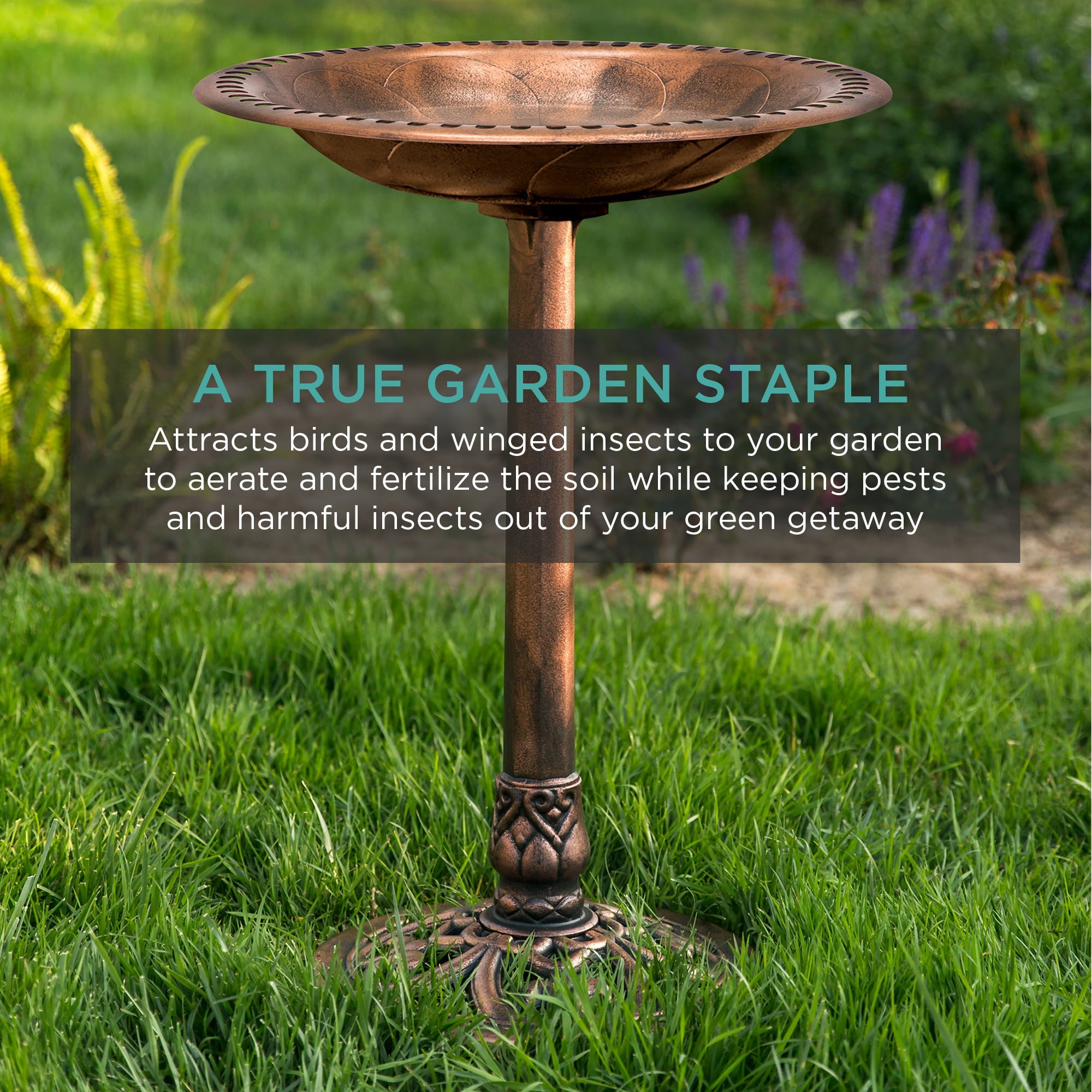 Best Choice Products Outdoor Rustic Pedestal Bird Bath Accent for Garden, Yard w/ Fleur-de-Lis Accents  Copper